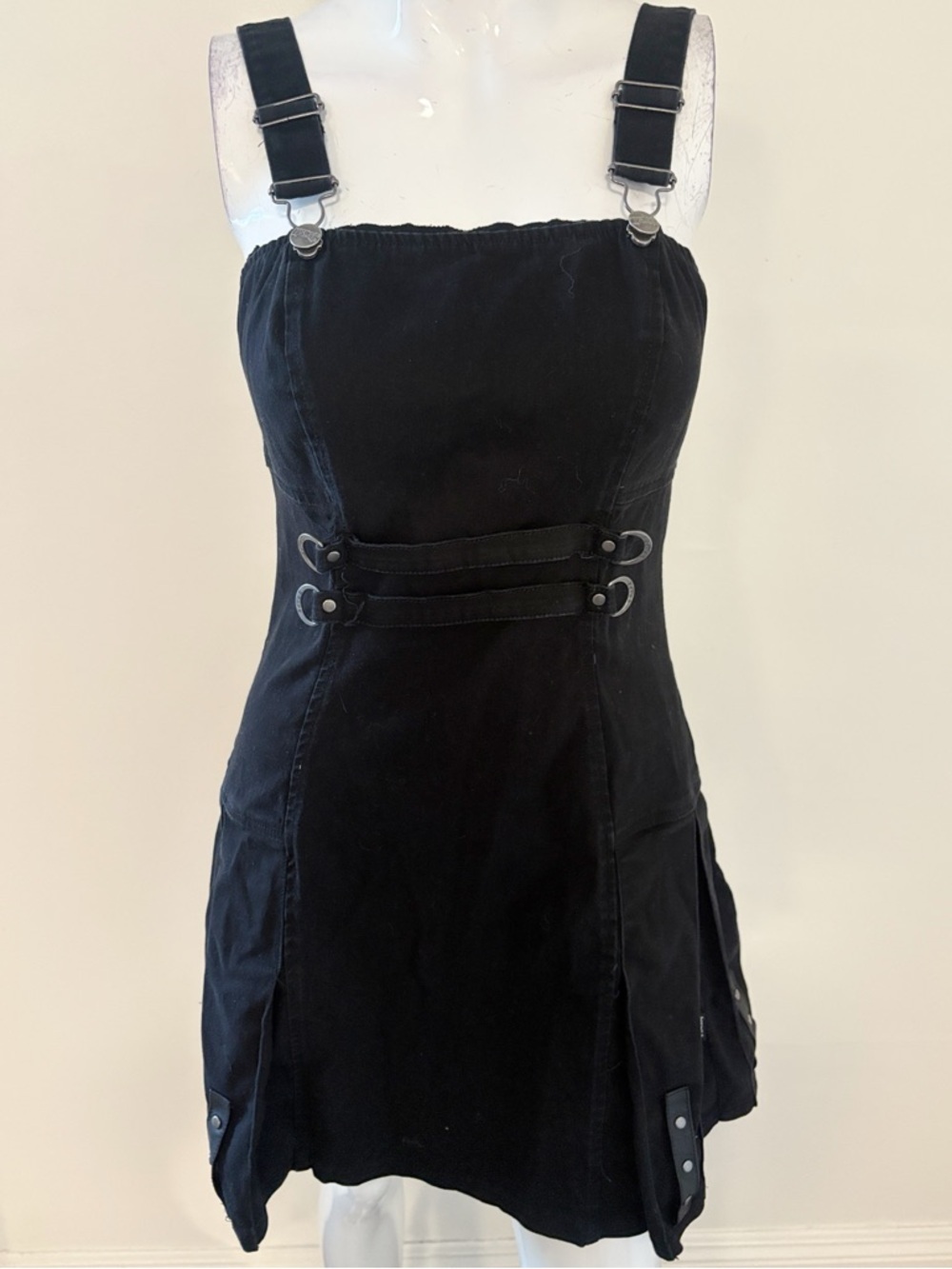 Tripp NYC Black Label Overall Bib Pleated Mini Dress Faux Leather & Stud Details